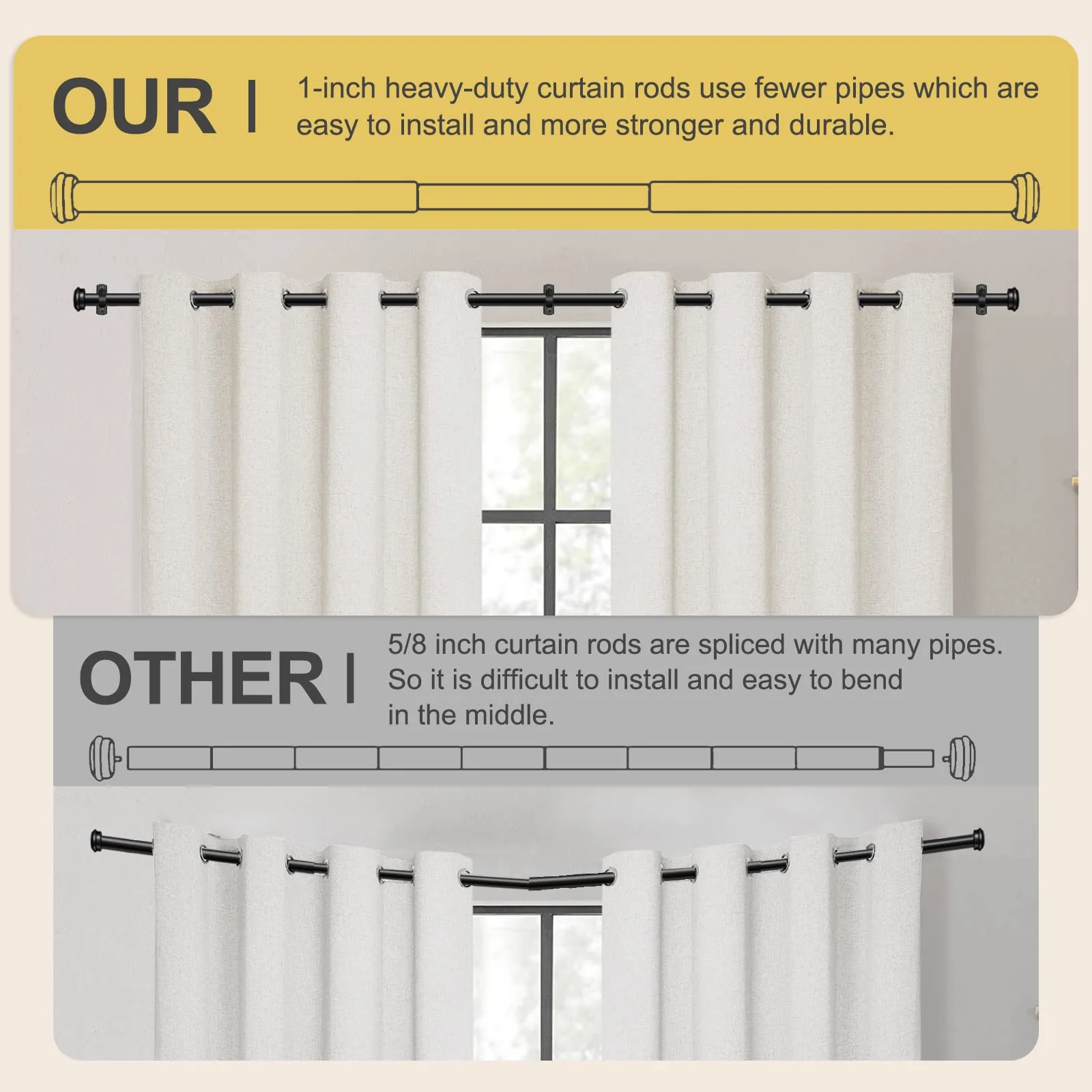 Curtain Rods, 1 Inch Diameter Curtain Rods for 168" to 240", Black Outdoor Curtain Rod, Hanging Curtain Rod with Brackets - Image 5