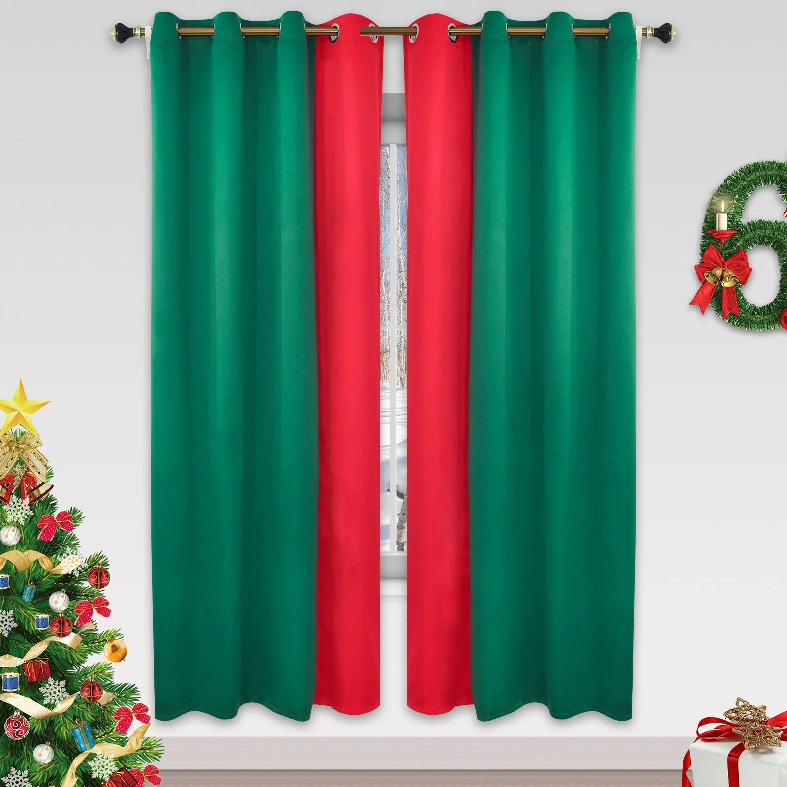 Indoor Grommet Top Curtains, Christmas Curtains, Red & Green Stitching Color Curtains, Indoor Christmas Curtains,2 Pcs - Image 11