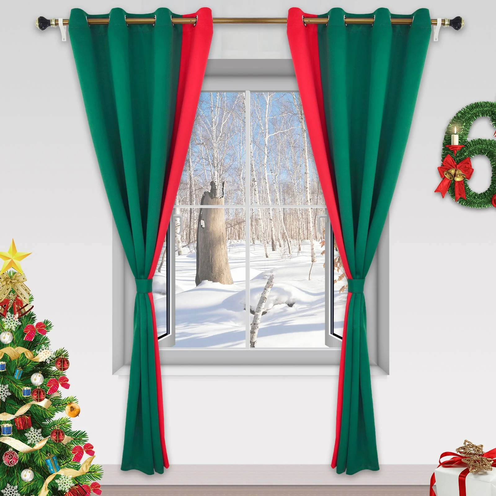 Indoor Grommet Top Curtains, Christmas Curtains, Red & Green Stitching Color Curtains, Indoor Christmas Curtains,2 Pcs - Image 12