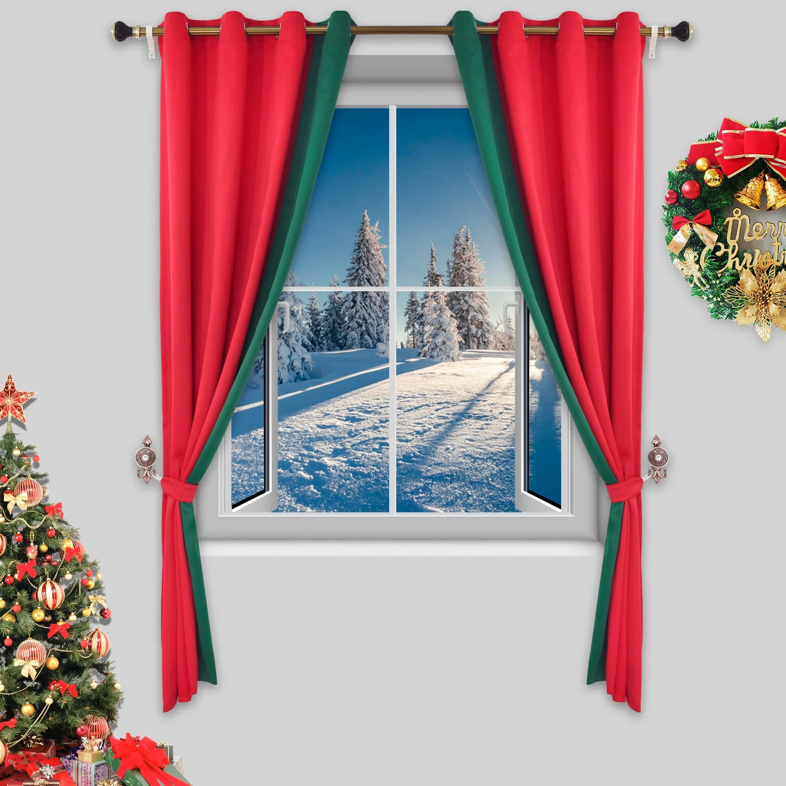 Indoor Grommet Top Curtains, Christmas Curtains, Red & Green Stitching Color Curtains, Indoor Christmas Curtains,2 Pcs - Image 3