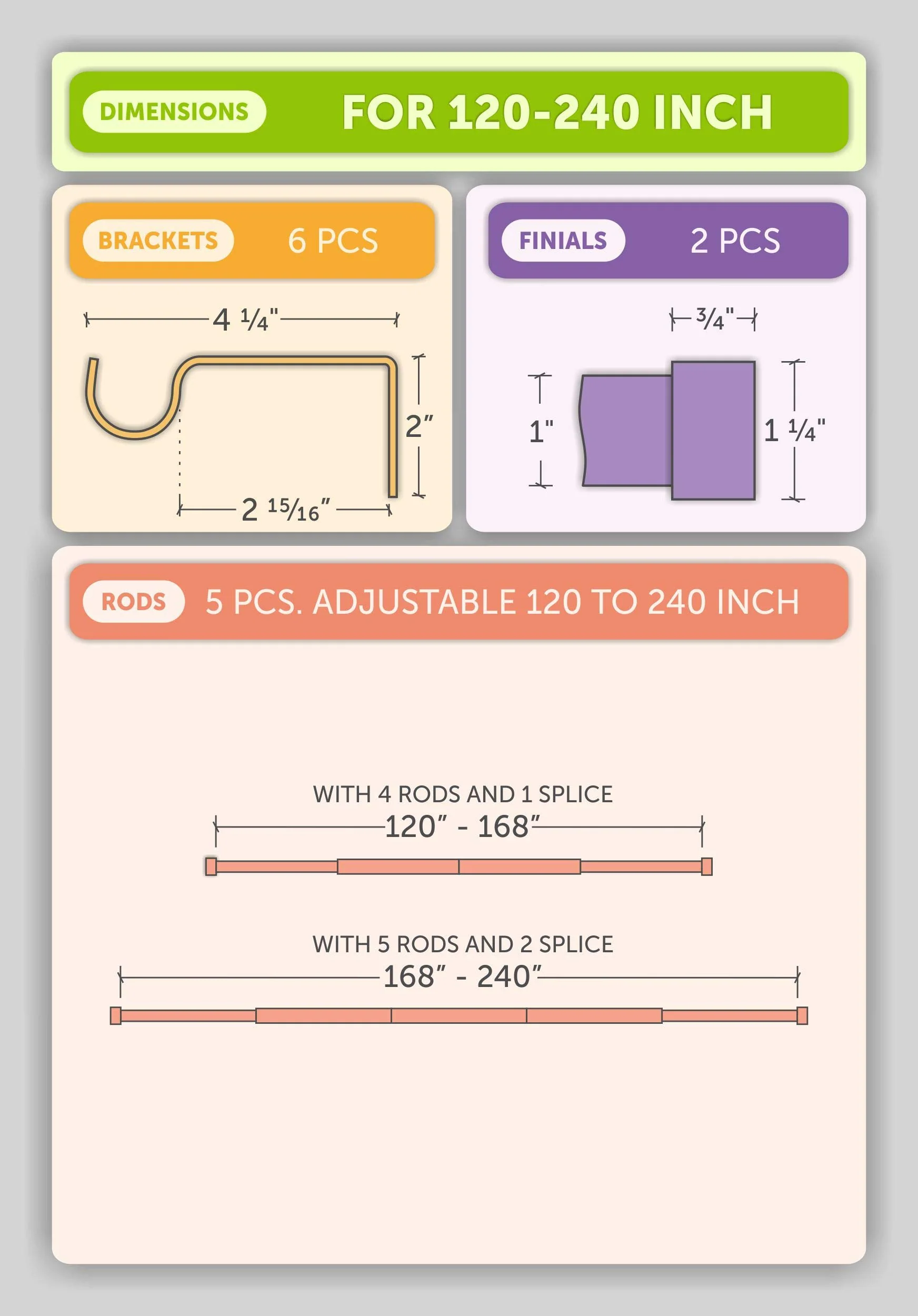 Satin Nickel Curtain Rods, 1 Inch Diameter Curtain Rods for 120" to 240", Curtain Rod End Cap 120 to 240 Inch. Curtain Rod with Brackets - Image 6